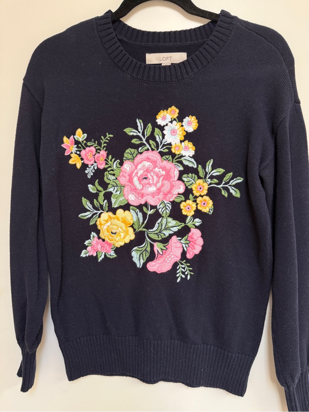 LOFT Navy Floral Embroidered Crewneck Sweater. S
